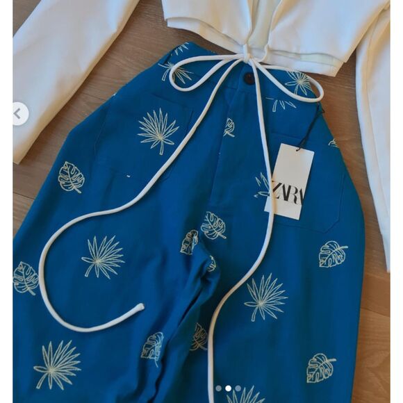 NWT Zara Women's Linen Blend Embroidered Wide Leg Pants Culottes with Pockets - Picture 12 of 13